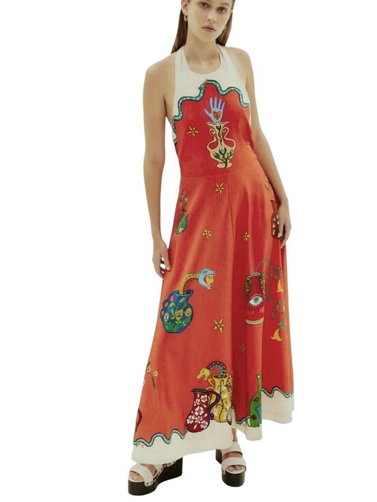 Alemais Dresses & Skirts - Alémais Halter Maxi Dress Colorful Art Tie-Back Linen Blend Size US 10